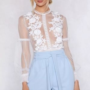 Nasty Gal "I'll see to it" White Lace & Mesh Bodysuit, Size L